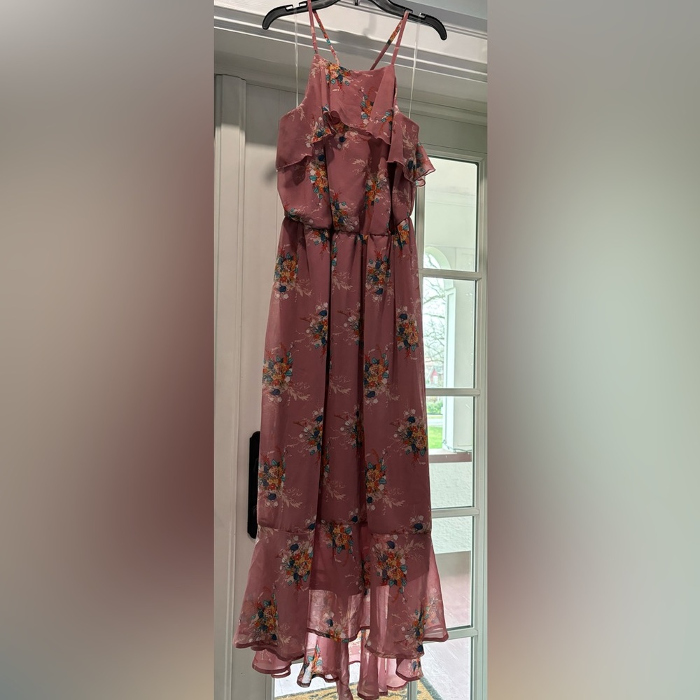 1X dusty rose/mauve floral high low midi dress